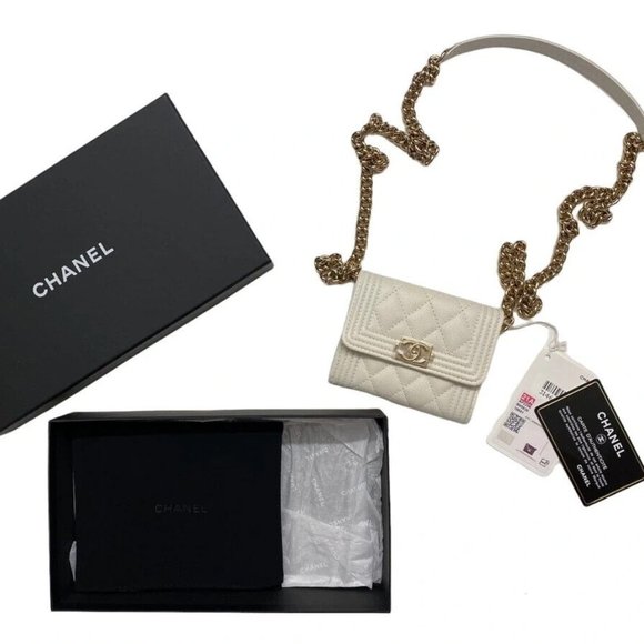 CHANEL White Caviar Quilted Boy Card Holder Shoulder Bag Wallet On Chain - Picture 1 of 10